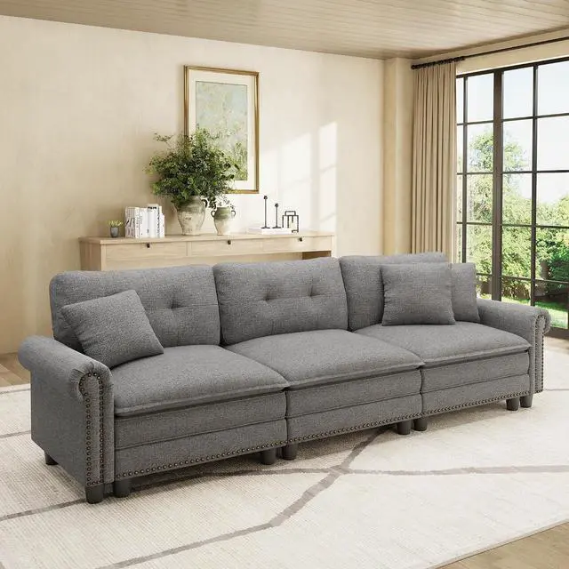 Main image of HERA'S HOUSE 103.1" Modular Sectional Couch for Living Room Deep Seats | Mid-Century Modern 3-Seater Cloud Sofa, Dark Gray, Rolled Arms & Nailhead Trim, Wider & Deeper Seats, Soft Linen