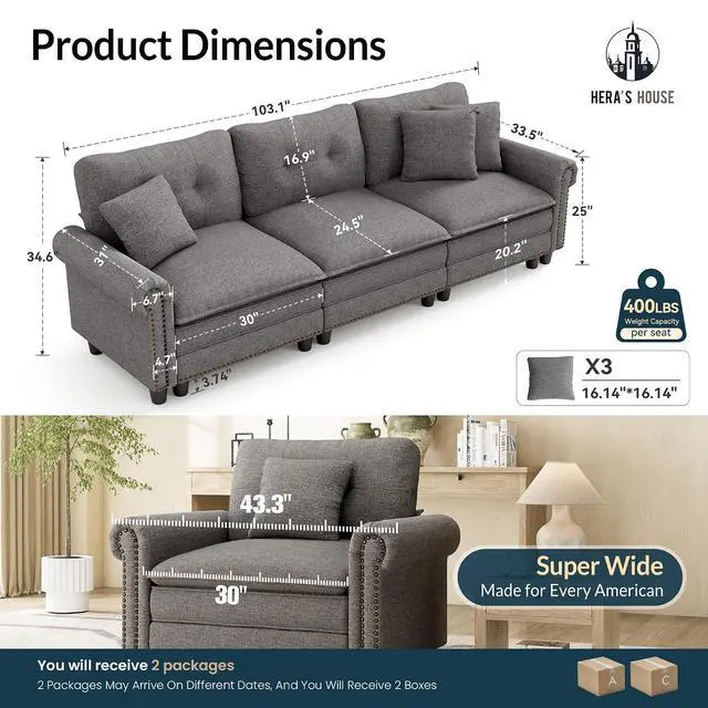 Alt view image 2 of 7 - HERA'S HOUSE 103.1" Modular Sectional Couch for Living Room Deep Seats | Mid-Century Modern 3-Seater Cloud Sofa, Dark Gray, Rolled Arms & Nailhead Trim, Wider & Deeper Seats, Soft Linen