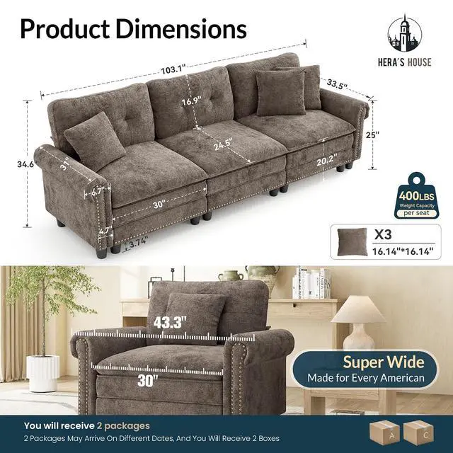 Alt view image 2 of 7 - HERA'S HOUSE 103.1" Modular Sectional Couch for Living Room Deep Seats | Mid-Century Modern 3-Seater Cloud Sofa, Grayish Brown, Rolled Arms & Nailhead Trim, Wider & Deeper Seats, Soft Chenille