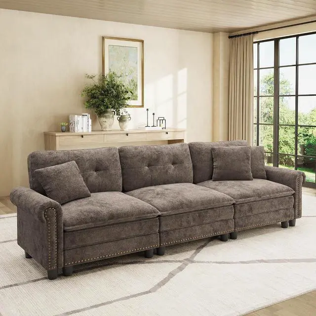 Main image of HERA'S HOUSE 103.1" Modular Sectional Couch for Living Room Deep Seats | Mid-Century Modern 3-Seater Cloud Sofa, Grayish Brown, Rolled Arms & Nailhead Trim, Wider & Deeper Seats, Soft Chenille