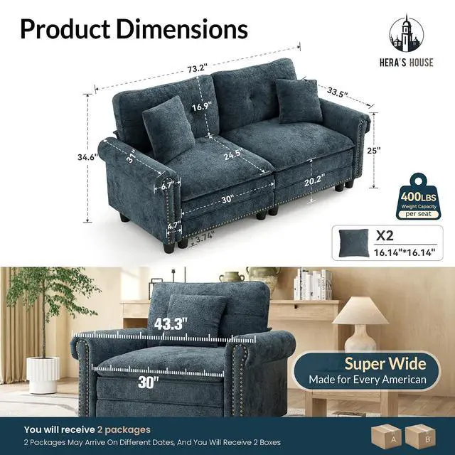Alt view image 2 of 7 - HERA'S HOUSE 73.2" Modular Loveseat Cloud Couch Deep Seats & Rolled Arms | Mid-Century Modern 2-Seater Loveseat, Cyan, Nailhead Trim, Wider & Deeper Seats, Soft Chenille Sofa for Living Room Bedroom