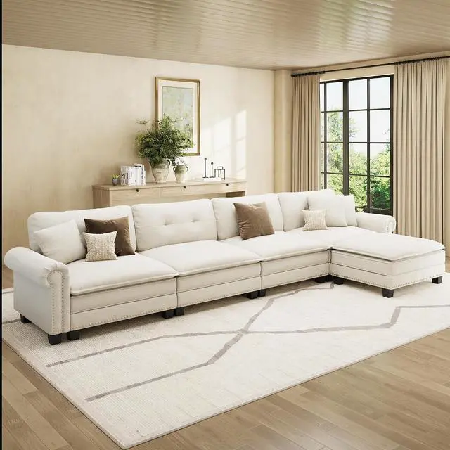 Main image of HERA'S HOUSE 150" Oversized L Shaped Modular Sectional Couch Living Room | Mid-Century Modern 5-Seater Cloud Sofa, Beige, Rolled Arms & Nailhead Trim, Wider & Deeper Seats, Ottoman, Linen
