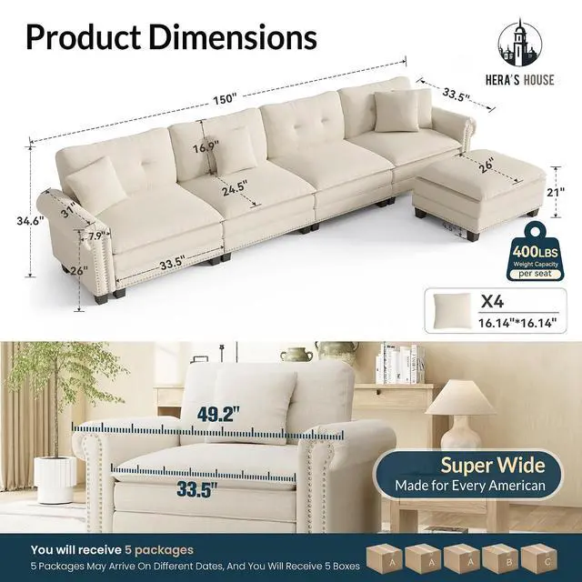 Alt view image 2 of 7 - HERA'S HOUSE 150" Oversized L Shaped Modular Sectional Couch Living Room | Mid-Century Modern 5-Seater Cloud Sofa, Beige, Rolled Arms & Nailhead Trim, Wider & Deeper Seats, Ottoman, Linen