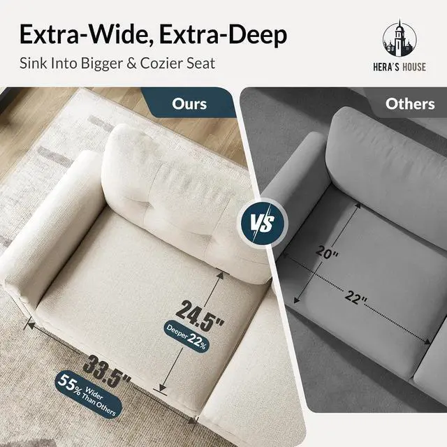 Alt view image 7 of 7 - HERA'S HOUSE 150" Oversized L Shaped Modular Sectional Couch Living Room | Mid-Century Modern 5-Seater Cloud Sofa, Beige, Rolled Arms & Nailhead Trim, Wider & Deeper Seats, Ottoman, Linen