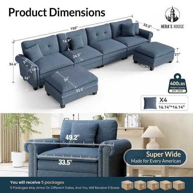Alt view image 2 of 7 - HERA'S HOUSE 150" Oversized U Shaped Modular Sectional Couch Living Room | Mid-Century Modern 6-Seater Cloud Sofa, Blue, Rolled Arms & Nailhead Trim, Wider & Deeper Seats, Ottoman, Linen