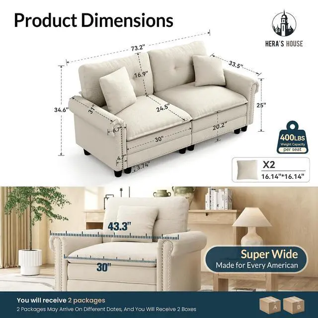 Alt view image 2 of 7 - HERA'S HOUSE 73.2" Modular Loveseat Cloud Couch Deep Seats & Rolled Arms | Mid-Century Modern 2-Seater Loveseat, White, Nailhead Trim, Wider & Deeper Seats, Soft Chenille Sofa for Living Room Bedroom