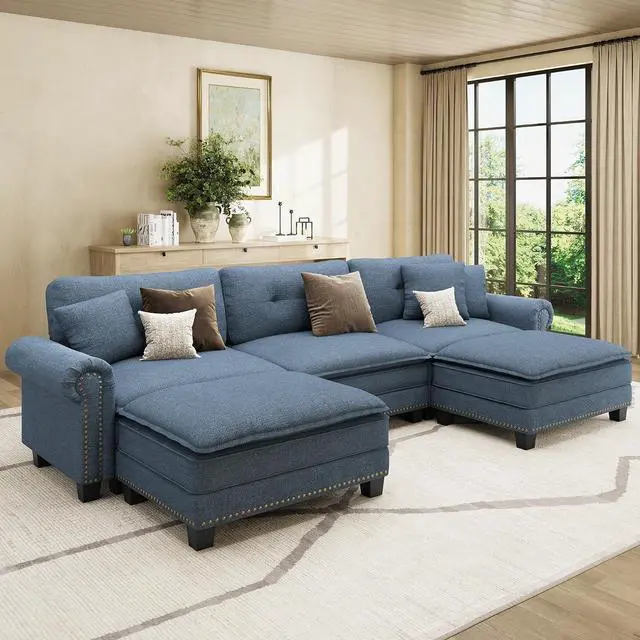 Main image of HERA'S HOUSE 116" Oversized U Shaped Modular Sectional Couch Living Room | Mid-Century Modern 5-Seater Cloud Sofa, Blue, Rolled Arms & Nailhead Trim, Wider & Deeper Seats, Ottoman, Linen
