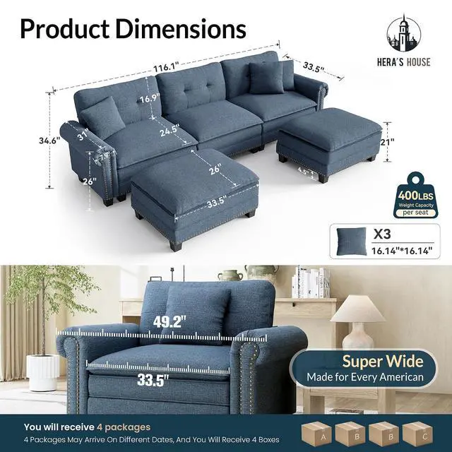 Alt view image 2 of 7 - HERA'S HOUSE 116" Oversized U Shaped Modular Sectional Couch Living Room | Mid-Century Modern 5-Seater Cloud Sofa, Blue, Rolled Arms & Nailhead Trim, Wider & Deeper Seats, Ottoman, Linen