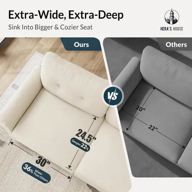 Alt view image 6 of 7 - HERA'S HOUSE 103.1" Modular Sectional Couch for Living Room Deep Seats | Mid-Century Modern 3-Seater Cloud Sofa, White, Rolled Arms & Nailhead Trim, Wider & Deeper Seats, Soft Chenille