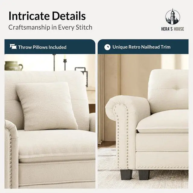 Alt view image 7 of 7 - HERA'S HOUSE 103.1" Modular Sectional Couch for Living Room Deep Seats | Mid-Century Modern 3-Seater Cloud Sofa, White, Rolled Arms & Nailhead Trim, Wider & Deeper Seats, Soft Chenille