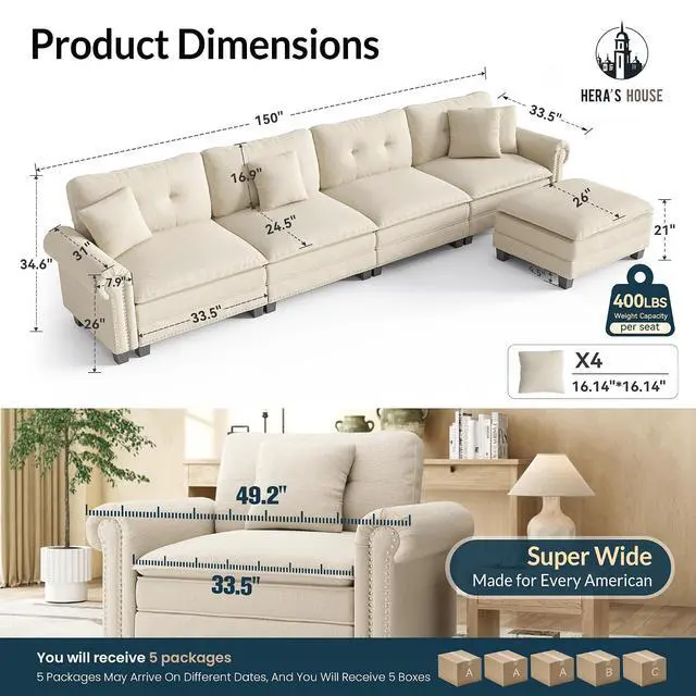 Alt view image 2 of 7 - HERA'S HOUSE 150" Oversized L Shaped Modular Sectional Couch Living Room | Mid-Century Modern 5-Seater Cloud Sofa, White, Rolled Arms & Nailhead Trim, Wider & Deeper Seats, Ottoman, Chenille
