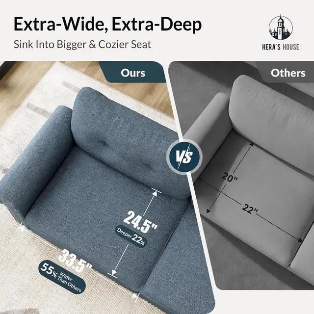 Alt view image 7 of 7 - HERA'S HOUSE 150" Oversized U Shaped Modular Sectional Couch Living Room | Mid-Century Modern 6-Seater Cloud Sofa, Blue, Rolled Arms & Nailhead Trim, Wider & Deeper Seats, Ottoman, Linen