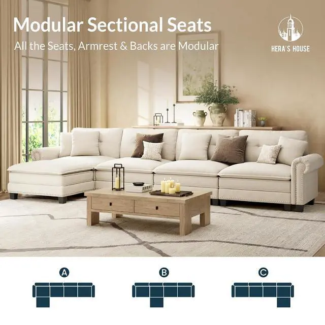 Alt view image 7 of 7 - HERA'S HOUSE 150" Oversized L Shaped Modular Sectional Couch Living Room | Mid-Century Modern 5-Seater Cloud Sofa, White, Rolled Arms & Nailhead Trim, Wider & Deeper Seats, Ottoman, Chenille