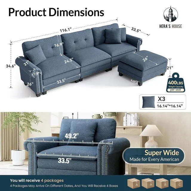 Alt view image 2 of 7 - HERA'S HOUSE 116" Oversized L Shaped Modular Sectional Couch Living Room | Mid-Century Modern 4-Seater Cloud Sofa, Blue, Rolled Arms & Nailhead Trim, Wider & Deeper Seats, Ottoman, Linen