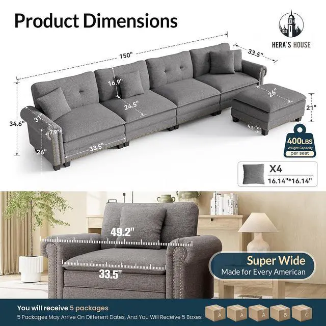 Alt view image 2 of 7 - HERA'S HOUSE 150" Oversized L Shaped Modular Sectional Couch Living Room | Mid-Century Modern 5-Seater Cloud Sofa, Dark Gray, Rolled Arms & Nailhead Trim, Wider & Deeper Seats, Ottoman, Linen
