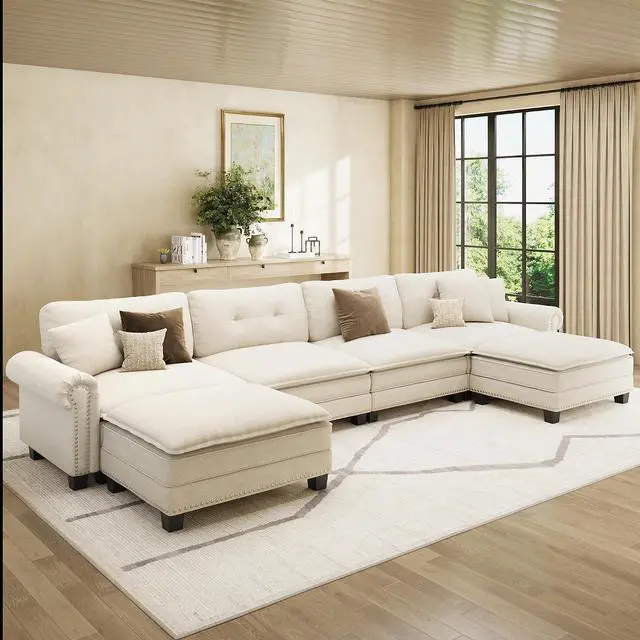 Main image of HERA'S HOUSE 150" Oversized U Shaped Modular Sectional Couch Living Room | Mid-Century Modern 6-Seater Cloud Sofa, Beige, Rolled Arms & Nailhead Trim, Wider & Deeper Seats, Ottoman, Linen