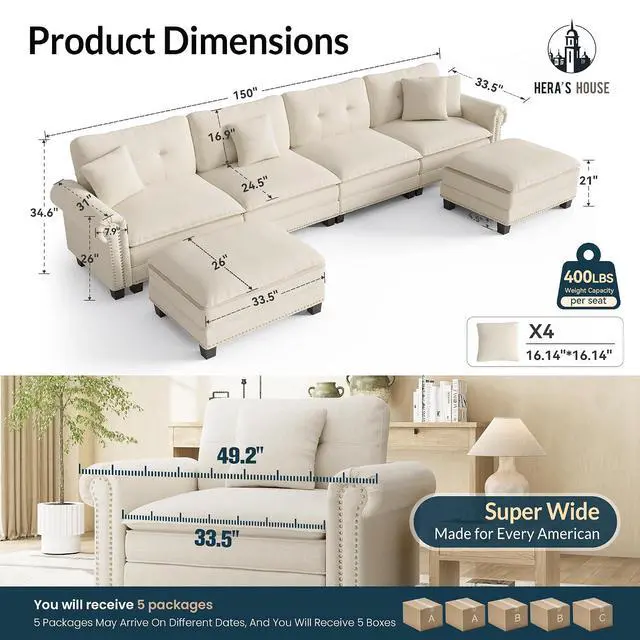 Alt view image 2 of 7 - HERA'S HOUSE 150" Oversized U Shaped Modular Sectional Couch Living Room | Mid-Century Modern 6-Seater Cloud Sofa, Beige, Rolled Arms & Nailhead Trim, Wider & Deeper Seats, Ottoman, Linen