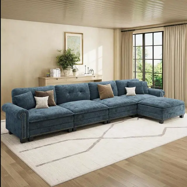 Main image of HERA'S HOUSE 150" Oversized L Shaped Modular Sectional Couch Living Room | Mid-Century Modern 5-Seater Cloud Sofa, Cyan, Rolled Arms & Nailhead Trim, Wider & Deeper Seats, Ottoman, Chenille