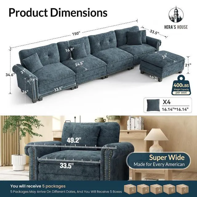 Alt view image 2 of 7 - HERA'S HOUSE 150" Oversized L Shaped Modular Sectional Couch Living Room | Mid-Century Modern 5-Seater Cloud Sofa, Cyan, Rolled Arms & Nailhead Trim, Wider & Deeper Seats, Ottoman, Chenille