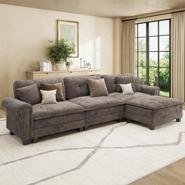 Main image of HERA'S HOUSE 116" Oversized L Shaped Modular Sectional Couch Living Room | Mid-Century Modern 4-Seater Cloud Sofa, Grayish Brown, Rolled Arms & Nailhead Trim, Wider & Deeper Seats, Ottoman, Chenille