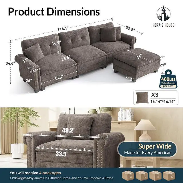 Alt view image 2 of 7 - HERA'S HOUSE 116" Oversized L Shaped Modular Sectional Couch Living Room | Mid-Century Modern 4-Seater Cloud Sofa, Grayish Brown, Rolled Arms & Nailhead Trim, Wider & Deeper Seats, Ottoman, Chenille