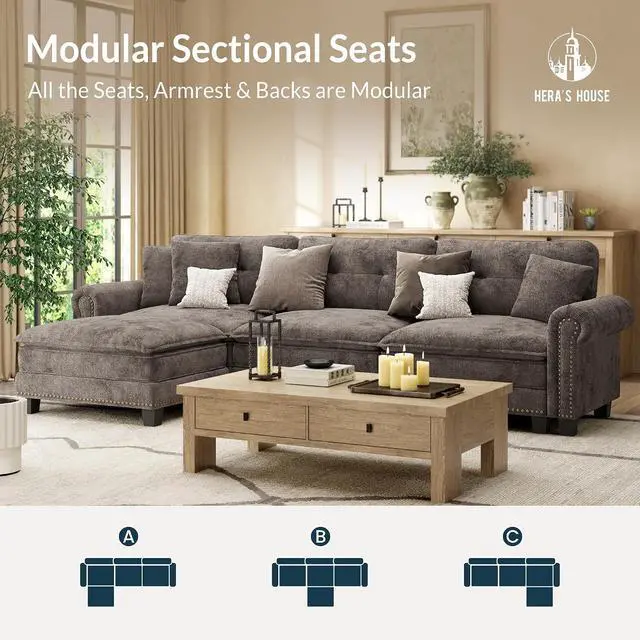 Alt view image 7 of 7 - HERA'S HOUSE 116" Oversized L Shaped Modular Sectional Couch Living Room | Mid-Century Modern 4-Seater Cloud Sofa, Grayish Brown, Rolled Arms & Nailhead Trim, Wider & Deeper Seats, Ottoman, Chenille