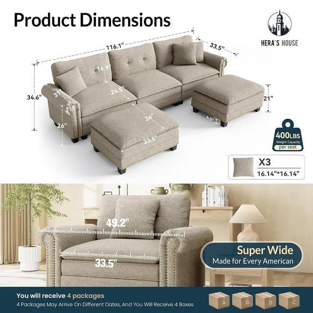 Alt view image 2 of 7 - HERA'S HOUSE 116" Oversized U Shaped Modular Sectional Couch Living Room | Mid-Century Modern 5-Seater Cloud Sofa, Light Gray, Rolled Arms & Nailhead Trim, Wider & Deeper Seats, Ottoman, Linen