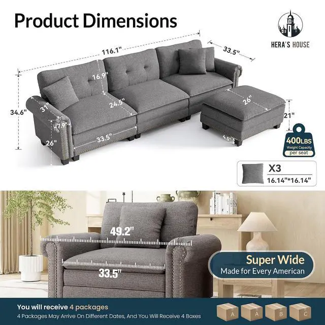 Alt view image 2 of 7 - HERA'S HOUSE 116" Oversized L Shaped Modular Sectional Couch Living Room | Mid-Century Modern 4-Seater Cloud Sofa, Dark Gray, Rolled Arms & Nailhead Trim, Wider & Deeper Seats, Ottoman, Linen