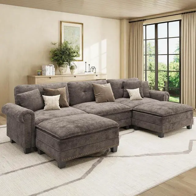 Main image of HERA'S HOUSE 116" Oversized U Shaped Modular Sectional Couch Living Room | Mid-Century Modern 5-Seater Cloud Sofa, Grayish Brown, Rolled Arms & Nailhead Trim, Wider & Deeper Seats, Ottoman, Chenille