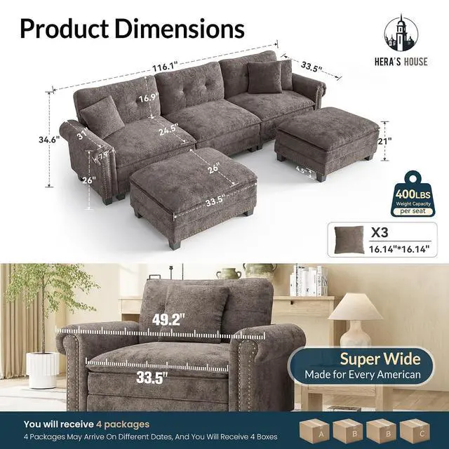 Alt view image 2 of 7 - HERA'S HOUSE 116" Oversized U Shaped Modular Sectional Couch Living Room | Mid-Century Modern 5-Seater Cloud Sofa, Grayish Brown, Rolled Arms & Nailhead Trim, Wider & Deeper Seats, Ottoman, Chenille