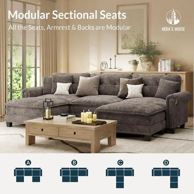 Alt view image 7 of 7 - HERA'S HOUSE 116" Oversized U Shaped Modular Sectional Couch Living Room | Mid-Century Modern 5-Seater Cloud Sofa, Grayish Brown, Rolled Arms & Nailhead Trim, Wider & Deeper Seats, Ottoman, Chenille
