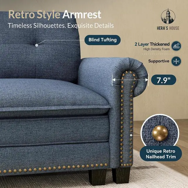 Alt view image 5 of 7 - HERA'S HOUSE 150" Oversized L Shaped Modular Sectional Couch Living Room | Mid-Century Modern 5-Seater Cloud Sofa, Blue, Rolled Arms & Nailhead Trim, Wider & Deeper Seats, Ottoman, Linen
