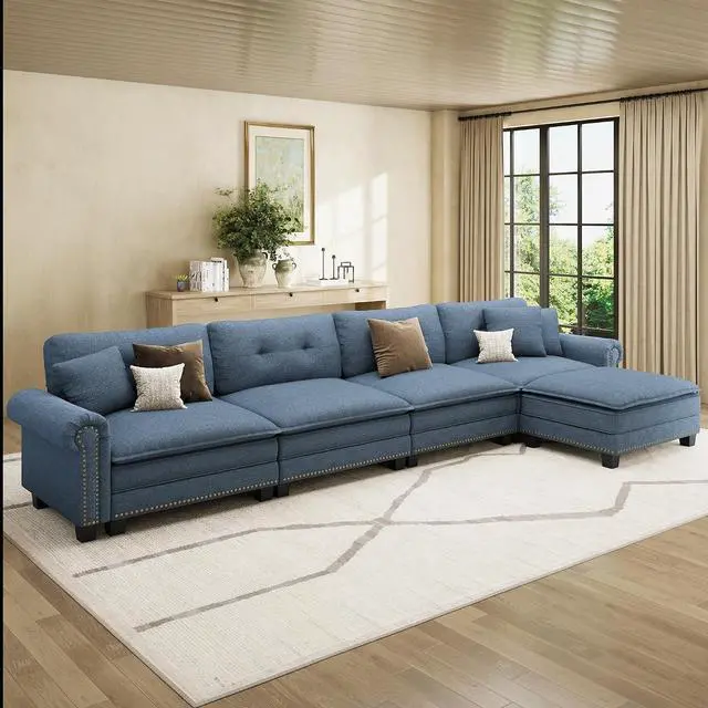 Main image of HERA'S HOUSE 150" Oversized L Shaped Modular Sectional Couch Living Room | Mid-Century Modern 5-Seater Cloud Sofa, Blue, Rolled Arms & Nailhead Trim, Wider & Deeper Seats, Ottoman, Linen