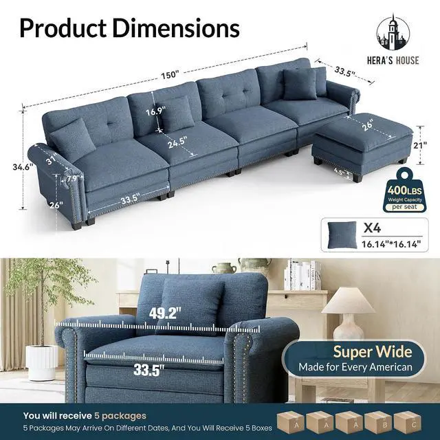 Alt view image 2 of 7 - HERA'S HOUSE 150" Oversized L Shaped Modular Sectional Couch Living Room | Mid-Century Modern 5-Seater Cloud Sofa, Blue, Rolled Arms & Nailhead Trim, Wider & Deeper Seats, Ottoman, Linen