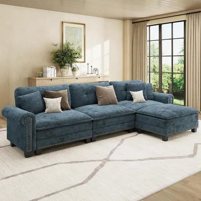 Main image of HERA'S HOUSE 116" Oversized L Shaped Modular Sectional Couch Living Room | Mid-Century Modern 4-Seater Cloud Sofa, Cyan, Rolled Arms & Nailhead Trim, Wider & Deeper Seats, Ottoman, Chenille