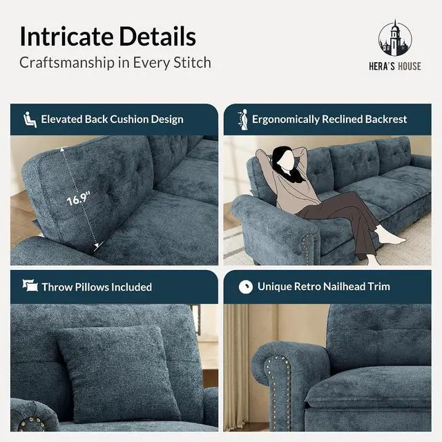 Alt view image 7 of 7 - HERA'S HOUSE 150" Oversized L Shaped Modular Sectional Couch Living Room | Mid-Century Modern 5-Seater Cloud Sofa, Cyan, Rolled Arms & Nailhead Trim, Wider & Deeper Seats, Ottoman, Chenille