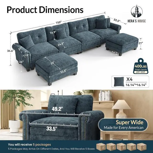 Alt view image 2 of 7 - HERA'S HOUSE 150" Oversized U Shaped Modular Sectional Couch Living Room | Mid-Century Modern 6-Seater Cloud Sofa, Cyan, Rolled Arms & Nailhead Trim, Wider & Deeper Seats, Ottoman, Chenille