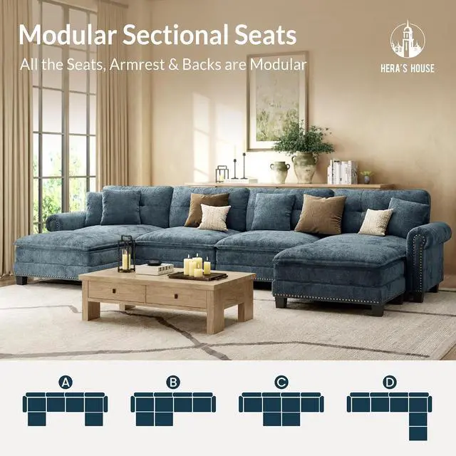 Alt view image 7 of 7 - HERA'S HOUSE 150" Oversized U Shaped Modular Sectional Couch Living Room | Mid-Century Modern 6-Seater Cloud Sofa, Cyan, Rolled Arms & Nailhead Trim, Wider & Deeper Seats, Ottoman, Chenille