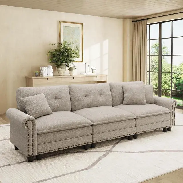 Main image of HERA'S HOUSE 103.1" Modular Sectional Couch for Living Room Deep Seats | Mid-Century Modern 3-Seater Cloud Sofa, Light Gray, Rolled Arms & Nailhead Trim, Wider & Deeper Seats, Soft Linen