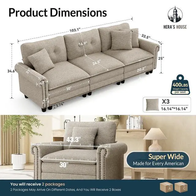 Alt view image 2 of 7 - HERA'S HOUSE 103.1" Modular Sectional Couch for Living Room Deep Seats | Mid-Century Modern 3-Seater Cloud Sofa, Light Gray, Rolled Arms & Nailhead Trim, Wider & Deeper Seats, Soft Linen