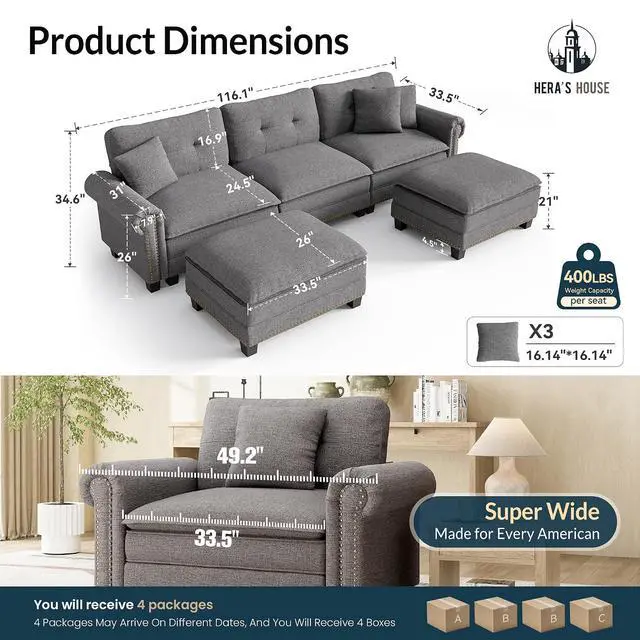 Alt view image 2 of 7 - HERA'S HOUSE 116" Oversized U Shaped Modular Sectional Couch Living Room | Mid-Century Modern 5-Seater Cloud Sofa, Dark Gray, Rolled Arms & Nailhead Trim, Wider & Deeper Seats, Ottoman, Linen