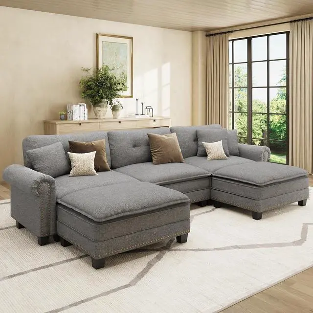 Main image of HERA'S HOUSE 116" Oversized U Shaped Modular Sectional Couch Living Room | Mid-Century Modern 5-Seater Cloud Sofa, Dark Gray, Rolled Arms & Nailhead Trim, Wider & Deeper Seats, Ottoman, Linen