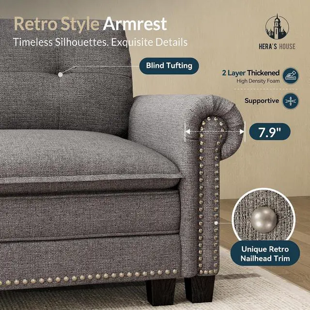 Alt view image 5 of 7 - HERA'S HOUSE 150" Oversized L Shaped Modular Sectional Couch Living Room | Mid-Century Modern 5-Seater Cloud Sofa, Dark Gray, Rolled Arms & Nailhead Trim, Wider & Deeper Seats, Ottoman, Linen