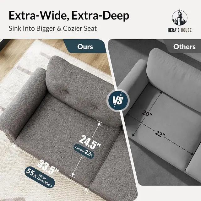 Alt view image 7 of 7 - HERA'S HOUSE 150" Oversized L Shaped Modular Sectional Couch Living Room | Mid-Century Modern 5-Seater Cloud Sofa, Dark Gray, Rolled Arms & Nailhead Trim, Wider & Deeper Seats, Ottoman, Linen