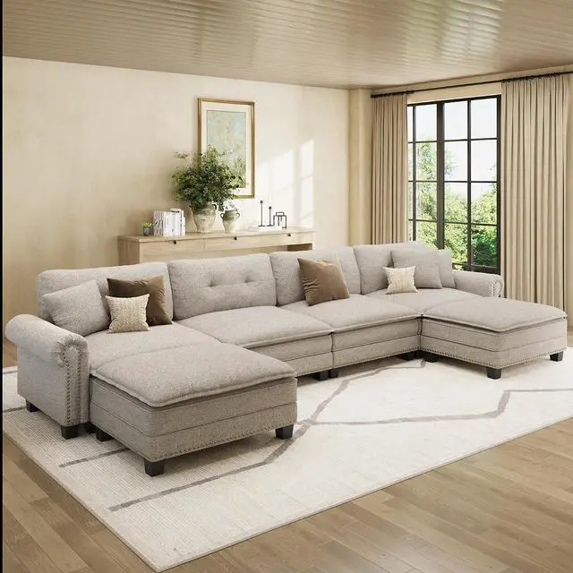 Main image of HERA'S HOUSE 150" Oversized U Shaped Modular Sectional Couch Living Room | Mid-Century Modern 6-Seater Cloud Sofa, Light Gray, Rolled Arms & Nailhead Trim, Wider & Deeper Seats, Ottoman, Linen