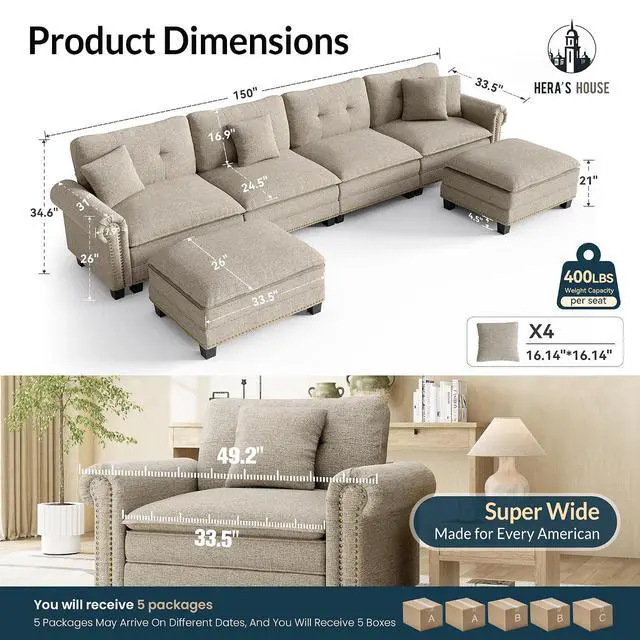 Alt view image 2 of 7 - HERA'S HOUSE 150" Oversized U Shaped Modular Sectional Couch Living Room | Mid-Century Modern 6-Seater Cloud Sofa, Light Gray, Rolled Arms & Nailhead Trim, Wider & Deeper Seats, Ottoman, Linen