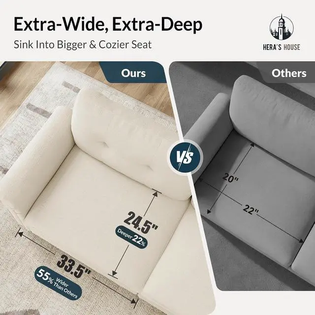 Alt view image 6 of 7 - HERA'S HOUSE 150" Oversized L Shaped Modular Sectional Couch Living Room | Mid-Century Modern 5-Seater Cloud Sofa, White, Rolled Arms & Nailhead Trim, Wider & Deeper Seats, Ottoman, Chenille