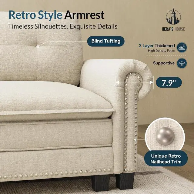 Alt view image 4 of 7 - HERA'S HOUSE 150" Oversized L Shaped Modular Sectional Couch Living Room | Mid-Century Modern 5-Seater Cloud Sofa, White, Rolled Arms & Nailhead Trim, Wider & Deeper Seats, Ottoman, Chenille