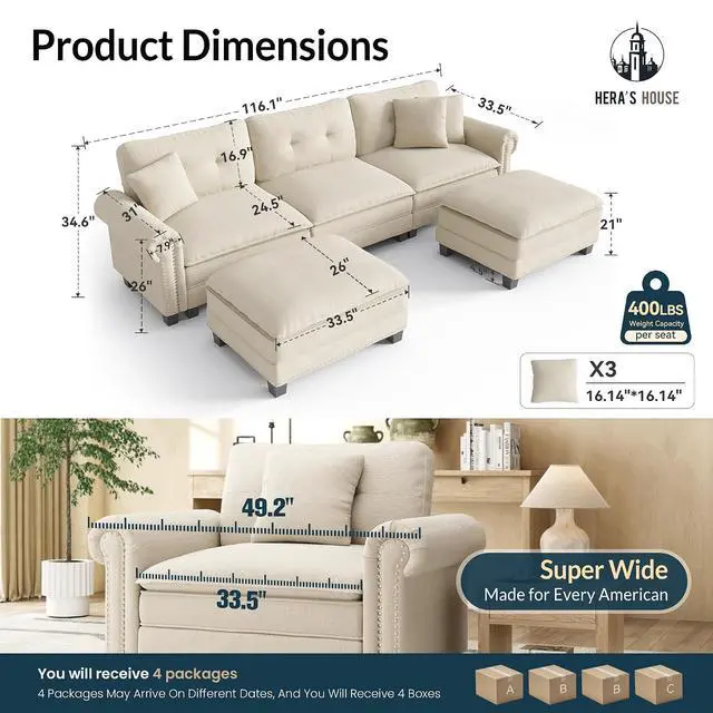 Alt view image 2 of 7 - HERA'S HOUSE 116" Oversized U Shaped Modular Sectional Couch Living Room | Mid-Century Modern 5-Seater Cloud Sofa, White, Rolled Arms & Nailhead Trim, Wider Deeper Seats, Ottoman, Chenille