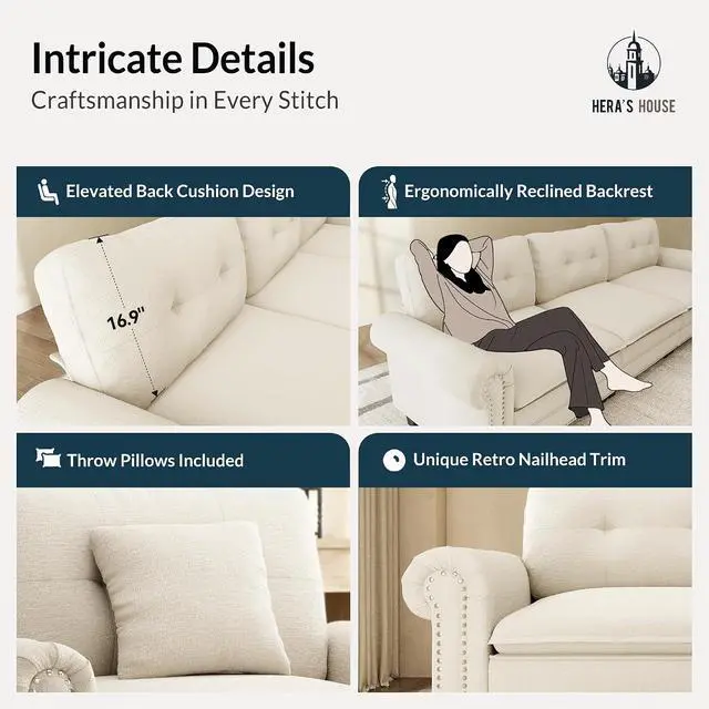Alt view image 7 of 7 - HERA'S HOUSE 116" Oversized U Shaped Modular Sectional Couch Living Room | Mid-Century Modern 5-Seater Cloud Sofa, White, Rolled Arms & Nailhead Trim, Wider Deeper Seats, Ottoman, Chenille